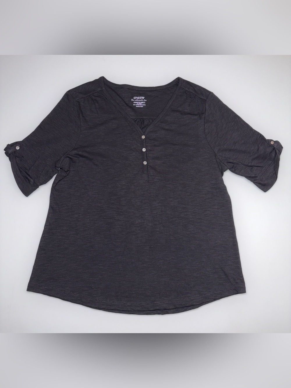 Chico’s The Ultimate Tee Henley Elbow Black Sz 2 (Large)